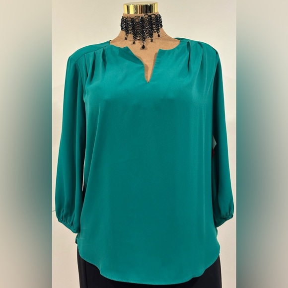 Pleione Kelly Green V Neck Elastic Sleeves Pleated In Front & Back. Sz XL. - Picture 1 of 13